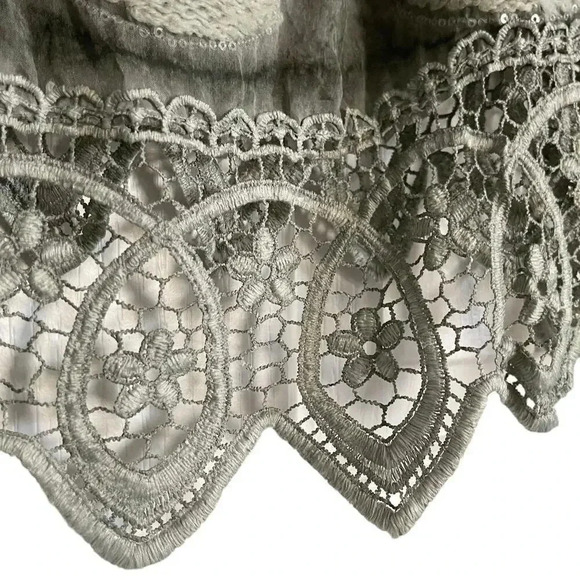 Belle France Boho Lagenlook Sage Embellished Lace Tunic Knit Chiffon Top Size L - Picture 6 of 10